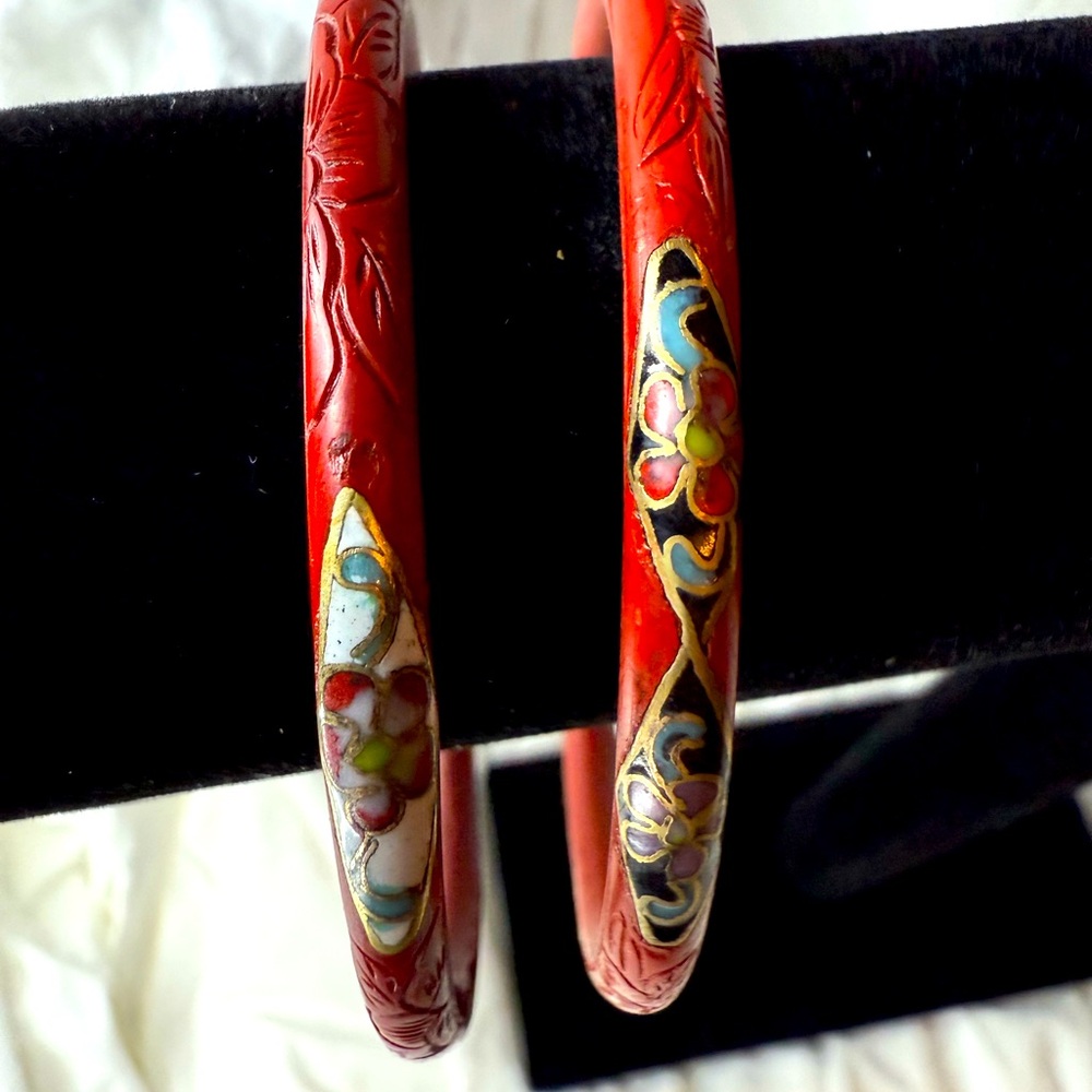 Rare, authentic vintage cloisonné and cinnabar hybrid bracelets